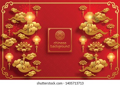 Chinese oriental background and asian elements with gold patterned template on red paper color for greetings card,invitation,posters,banners,calendar