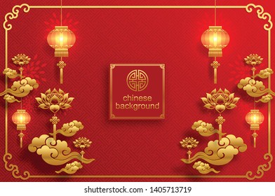Chinese oriental background and asian elements with gold patterned template on red paper color for greetings card,invitation,posters,banners,calendar