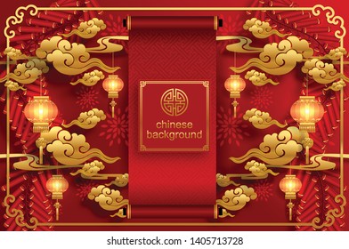 Chinese oriental background and asian elements with gold patterned template on red paper color for greetings card,invitation,posters,banners,calendar
