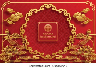 Chinese oriental background and asian elements with gold patterned template on red paper color for greetings card,invitation,posters,banners,calendar