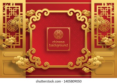 Chinese oriental background and asian elements with gold patterned template on red paper color for greetings card,invitation,posters,banners,calendar