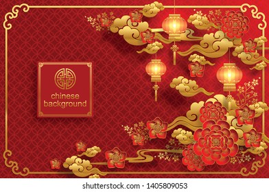 Chinese oriental background and asian elements with gold patterned template on red paper color for greetings card,invitation,posters,banners,calendar 