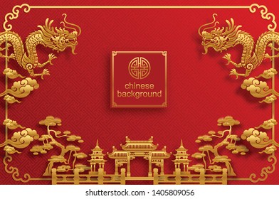 Chinese oriental background and asian elements with gold patterned template on red paper color for greetings card,invitation,posters,banners,calendar 