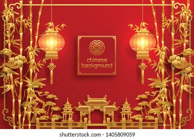 Chinese oriental background and asian elements with gold patterned template on red paper color for greetings card,invitation,posters,banners,calendar 