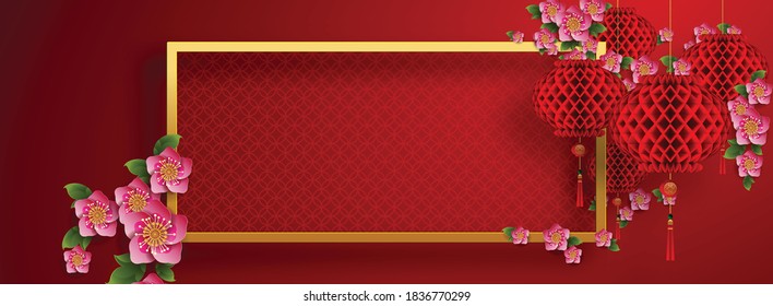 Chinesischer orientalischer Hintergrund und asiatische Elemente mit goldener gemusterter Vorlage auf rotem Papier für Grußkarte, Einladung, Plakate, Banner, Kalender