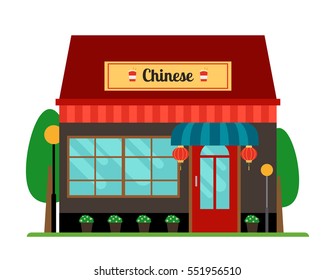 Chinese oriental cafe or restaurant store front. Vector illustration.