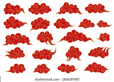 Chinese oriental curling clouds. Traditional decorative red and golden asian cumulus cloud shape, stylized vintage style outline silhouette festive collection, vector isolated on white background set