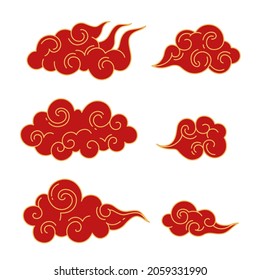 Chinese oriental curling clouds. Traditional decorative curve cloud. Red and golden asian cumulus, abstract festive silhouettes, decor elements collection. Vector isolated set
