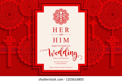 chinese oriental wedding Invitation card templates with beautiful patterned on paper color Background.
