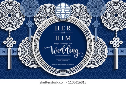 chinese oriental wedding Invitation card templates with beautiful patterned on paper color Background.