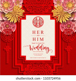 chinese oriental wedding Invitation card templates with beautiful patterned on paper color Background.