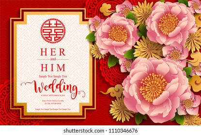 chinese oriental wedding Invitation card templates with beautiful patterned on paper color Background.