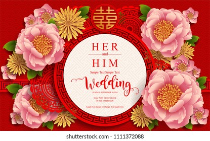 chinese oriental wedding Invitation card templates with beautiful patterned on paper color Background. ( Chinese Translation : love )