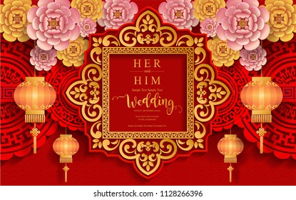 chinese oriental wedding Invitation card templates with beautiful patterned on paper color Background.