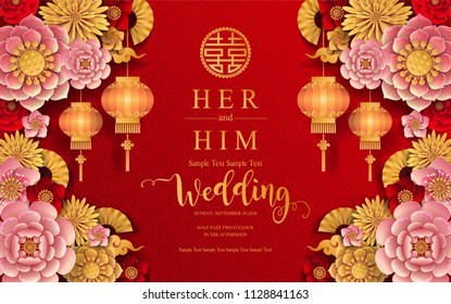 chinese oriental wedding Invitation card templates with beautiful patterned on paper color Background.