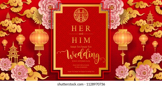 chinese oriental wedding Invitation card templates with beautiful patterned on paper color Background.