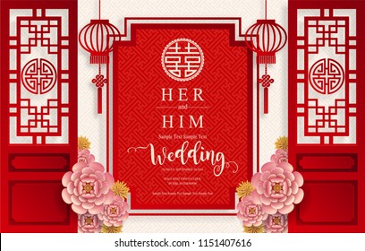 chinese oriental wedding Invitation card templates with beautiful patterned on paper color Background.