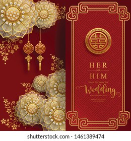 chinese oriental wedding Invitation card templates with beautiful patterned on paper color Background.