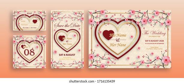 Chinese oriental wedding invitation card template with oriental elements with on gold paper cut art and craft style on color background (Chinese Translation : wedding invitation)