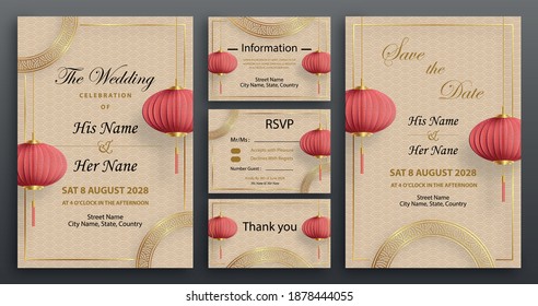 Chinese oriental wedding invitation card template with oriental elements with on gold paper cut art and craft style on color background (Chinese Translation : wedding invitation)