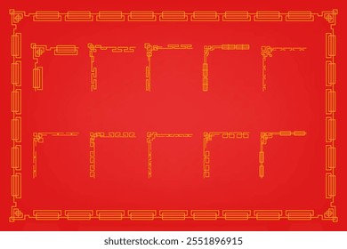 Chinese Ornament Set For Lunar Festival Decoration on Red Background and Oriental Frame
