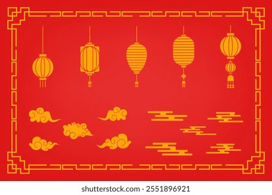 Conjunto de ornamentos chineses para decoração do festival lunar em fundo vermelho e quadro oriental