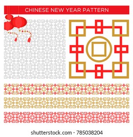 Chinese Ornament Style Motive Pattern and Frame Borders Set with Hanging Chinese Lantern. Vector Illustration eps.10