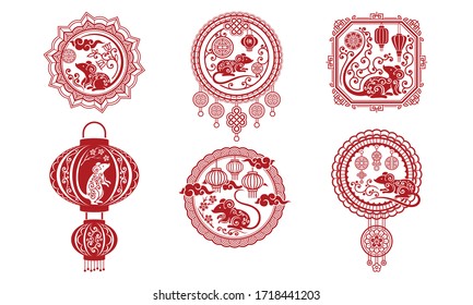 Chinese Ornamental Mouse Emblems Isolated on White Background Vector Set