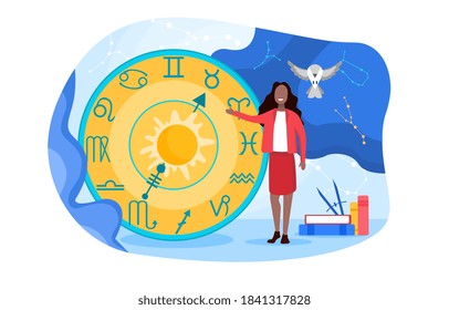 Chinese or other oriental horoscope concept with zodiac signs and astrologer gir with owl and starry sky on the background. Flat cartoon vector illustration with fictional characters.