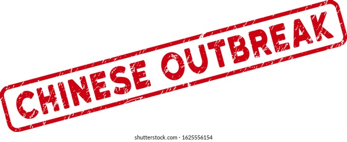 Chinese Outbreak rectangle framed seal stamp. Red vector rectangle grunge seal stamp with Chinese Outbreak text inside rounded rectangle contour. Useful for overlays with unclean rubber style.