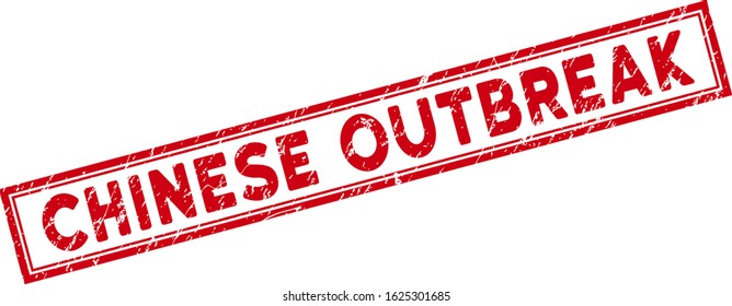 Chinese Outbreak rectangle framed stamp seal. Red vector rectangle distress stamp with Chinese Outbreak title inside rectangle double contour.