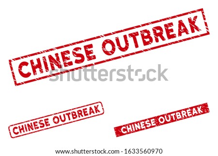 Chinese Outbreak stamp seals. Red vector rectangle distress stamp imprints with Chinese Outbreak title. Useful for imprints with grunge rubber surface.