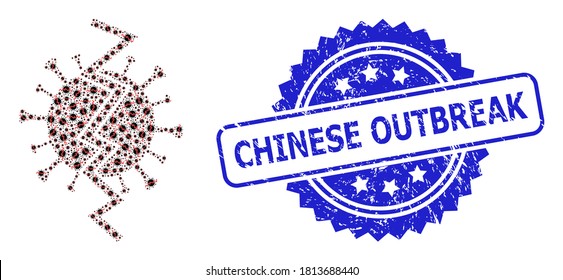 Chinese Outbreak unclean stamp and vector recursion composition virus break. Blue stamp seal contains Chinese Outbreak tag inside rosette.
