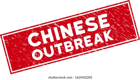 Chinese Outbreak watermark with frame. Red vector rectangle distress watermark with Chinese Outbreak message. Useful for rubber imitations with unclean rubber style.