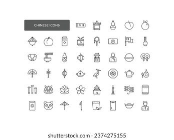 Chinese outline icon, fan, noodle, teapot, lion dance, dragon, gold coin, mandarin orange, cap, firecracker