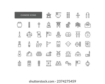Chinese outline icon, fan, noodle, teapot, lion dance, dragon, gold coin, mandarin orange, cap, firecracker