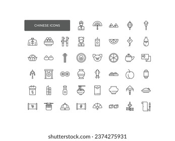 Chinese outline icon, fan, noodle, teapot, lion dance, dragon, gold coin, mandarin orange, cap, firecracker
