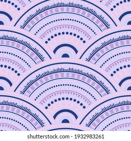 Chinese overlapping circles background vector seamless pattern. Tribal motifs boho repeating scallops. Japanese folk overlapping circular shapes seamless geometric pattern.