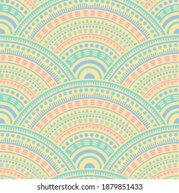 Motif harmonieux vectoriel broderie de cercles se chevauchant en Chine. Motifs orientaux saumons croquant des coquilles Saint-Jacques. Le mandala folklorique japonais forme des motifs géométriques harmonieux.