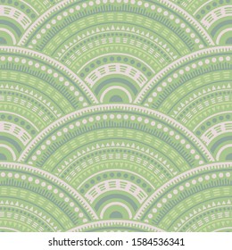 Chinese overlapping circles patchwork vector seamless pattern. Tribal motifs colorful repeating scallops. Japanese folk medallion concentric shapes seamless geometric pattern.