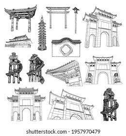 Chinese pagoda. Asian pole lantern. Archway gates or gate arch. Temple or Buddhist monastery architecture. Tree house for jungles. Garden entrance Set. Vector.