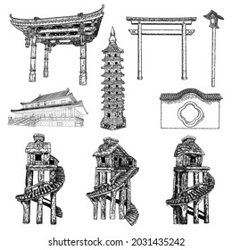 Chinese pagoda. Asian pole lantern. Archway gates or gate arch. Temple or Buddhist monastery architecture. Tree house for jungles. Garden entrance Set. Vector.