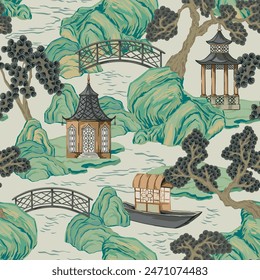 Chinese pagoda, boat, river, tree landscape seamless pattern. Chinoiserie wallpaper.	