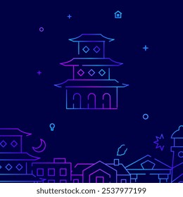 Chinese pagoda gradient line vector icon, simple illustration on a dark blue background, building related bottom border.