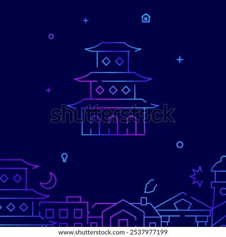 Chinese pagoda gradient line vector icon, simple illustration on a dark blue background, building related bottom border.