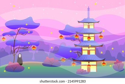 Chinese pagoda with lanterns and a ghost. Beautiful Asian landscape with ancient ruins. Blooming sakura with forest.