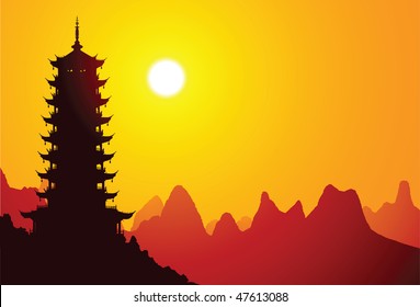 Chinese pagoda with mountains on the background