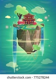 Chinese pagoda on a mountain with waterfall. Cartoon vector illustration. Background for the game.