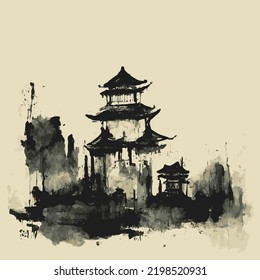 Chinese pagoda, an oriental-style building, hand drawn vector illustration in black ink grunge style.