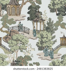 Chinese pagoda, people, river, tree landscape seamless pattern. Chinoiserie wallpaper.